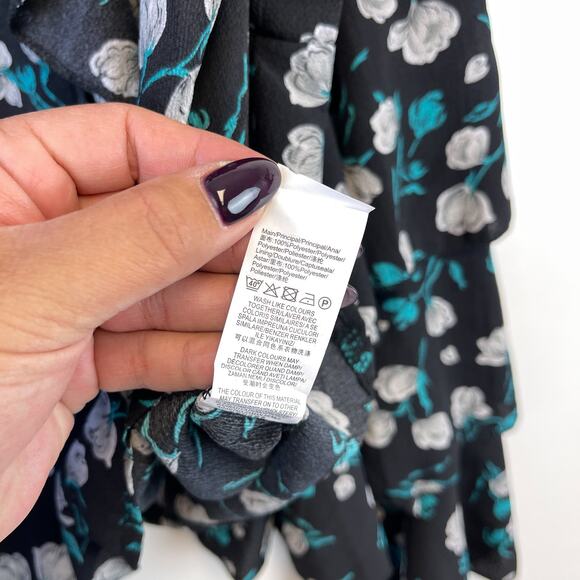 NWT Missguided Size 12 Floral Frill Detail Blouse Black Blue Mock Neck - Picture 6 of 10
